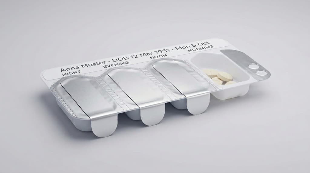 Multi-dose blister tray with a printed patient label and four time-labelled compartments (night, evening, noon, morning); three are foil-sealed and the morning compartment is open with tablets