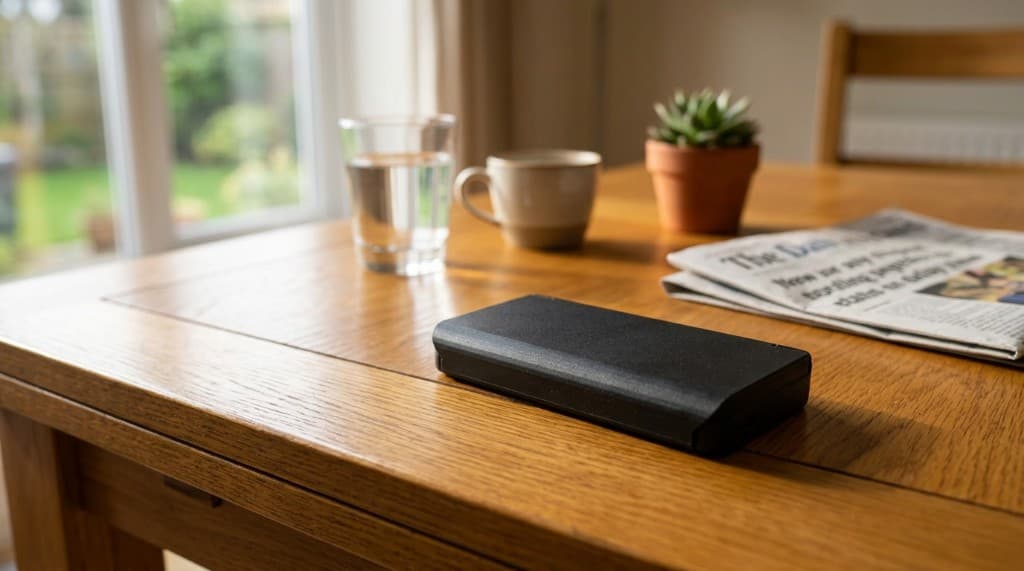 Sensor pill box on a kitchen table